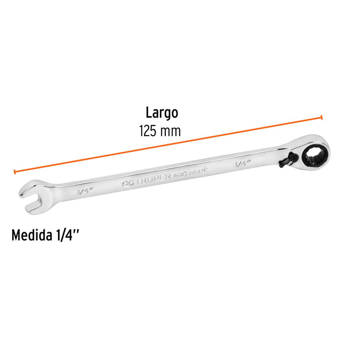 Llave combinada matraca reversible 1/4"x125mm largo, Expert - Mundo Tool 