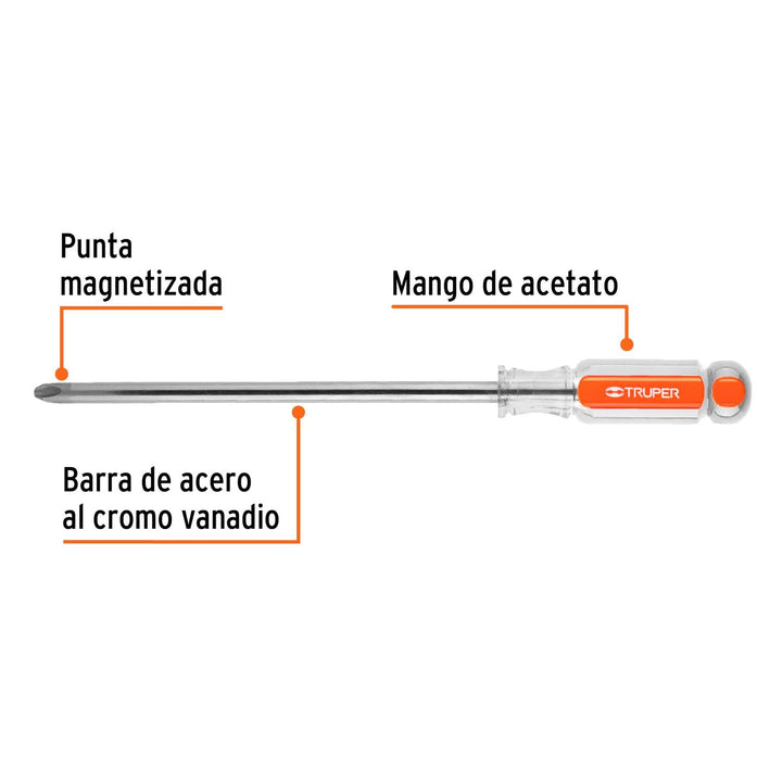 Desarmador punta Phillips # 4 mango acetato 8" Truper - Mundo Tool 