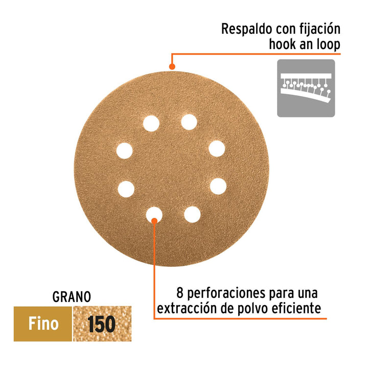 Caja con 5 discos de lija 5' grano 150 lijadora roto- orbita - Mundo Tool 