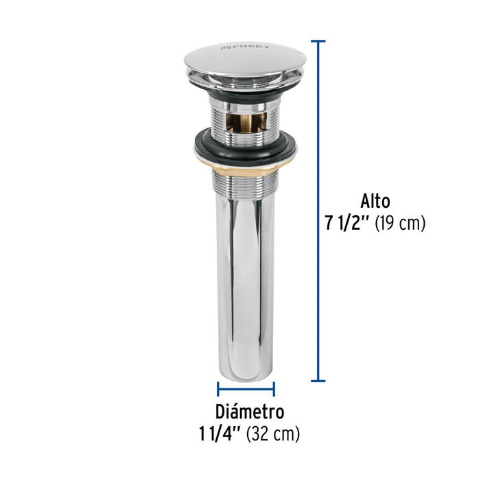 Contra p/lavabo, 1-1/4', con rebosadero, hongo, latón, cromo - Mundo Tool 