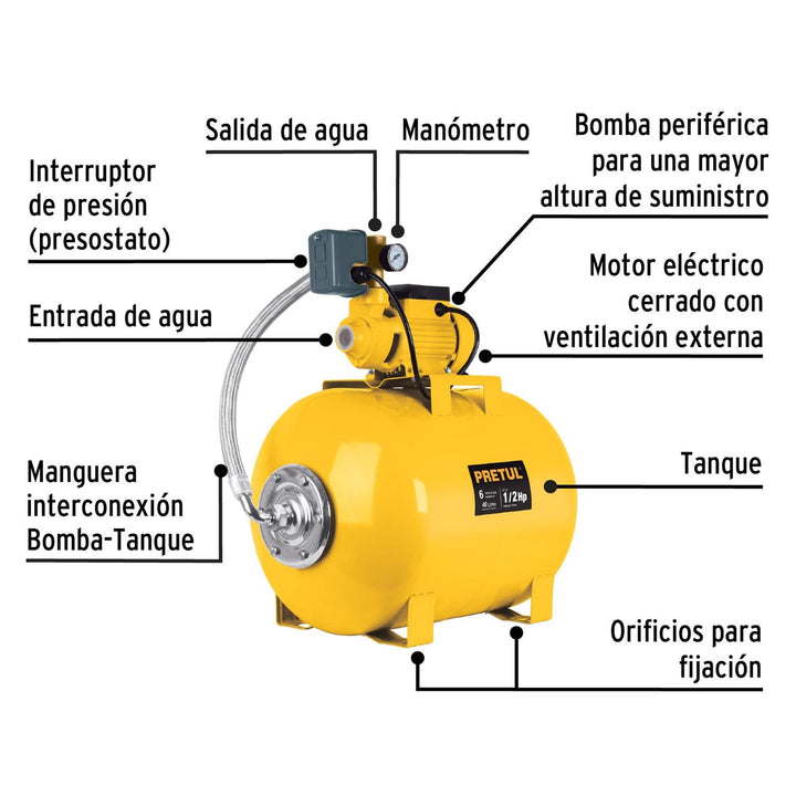 Equipo hidroneumático 50L, bomba periférica 1/2 HP, Pretul - Mundo Tool 