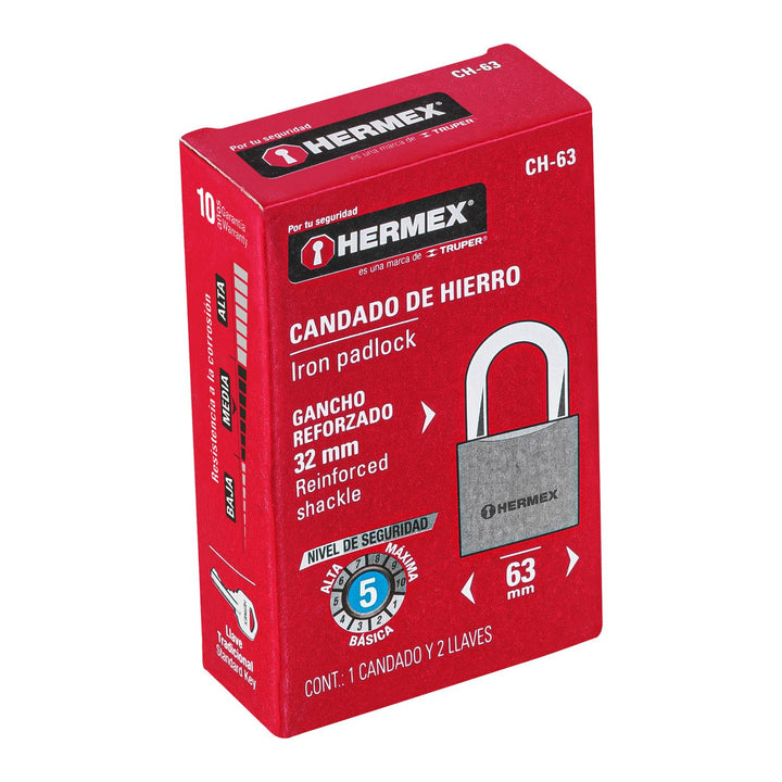 Candado de hierro, 63mm, gancho corto, caja Hermex - Mundo Tool 