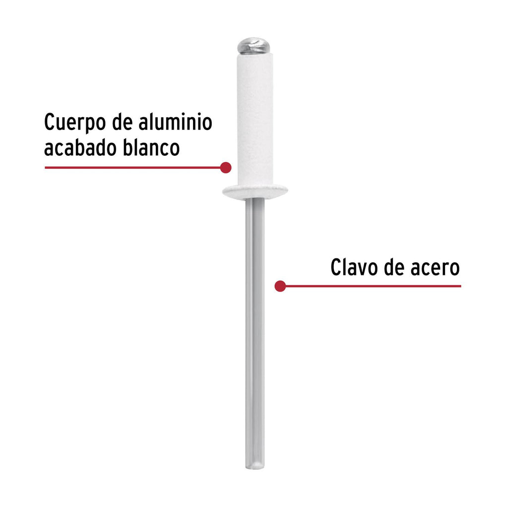 Bolsa c/50 remaches 1/8"x3/8" blancos de aluminio, ala 1/4" - Mundo Tool 