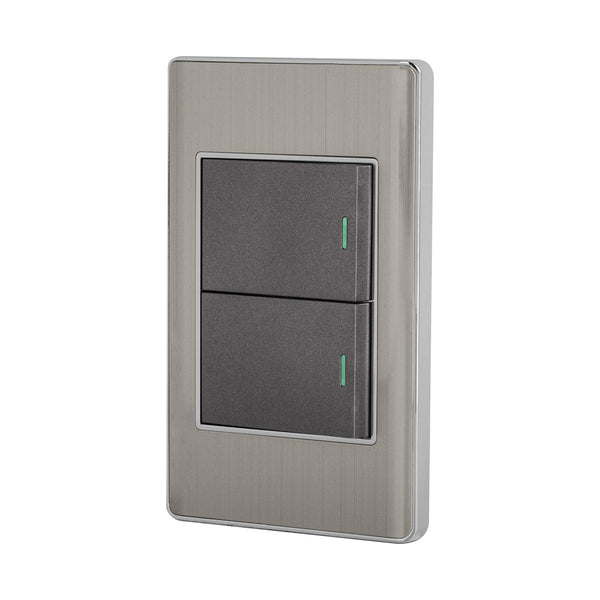 Volteck PA-APDO15-LA, Placa armada 2 interruptores sencillos color acero línea Lisboa - Mundo Tool 