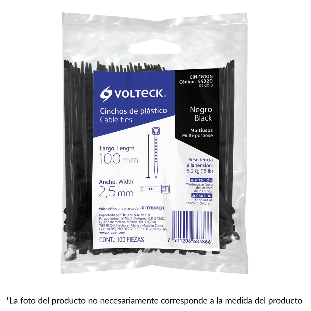 Cincho plástico, 18 lb, 15 cm, negro, bolsa con 100 pzas Volteck - Mundo Tool 
