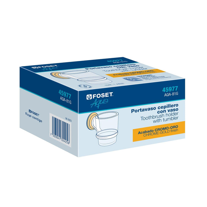 Portavaso cepillero cromo-oro con vaso de vidrio, Foset Aqua - Mundo Tool 