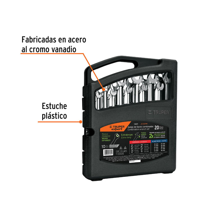 Juego 20 llaves combinadas extralargas pulidas std y mm,Expert - Mundo Tool 