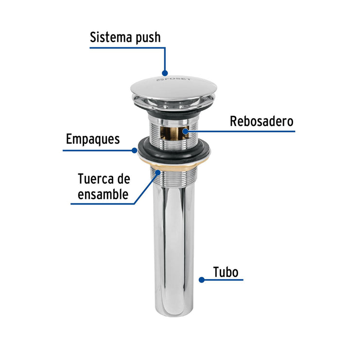 Contra p/lavabo, 1-1/4', con rebosadero, hongo, latón, cromo - Mundo Tool 