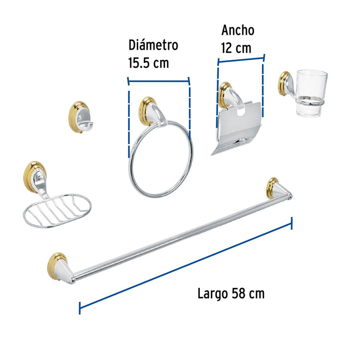 Juego de 6 acc. p/baño cromo-oro chapetón ovalado, Foset - Mundo Tool 