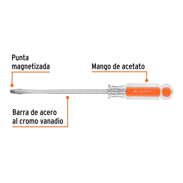 Desarmador plano 1/4 x 6" barra cuadrada mango acetato - Mundo Tool 