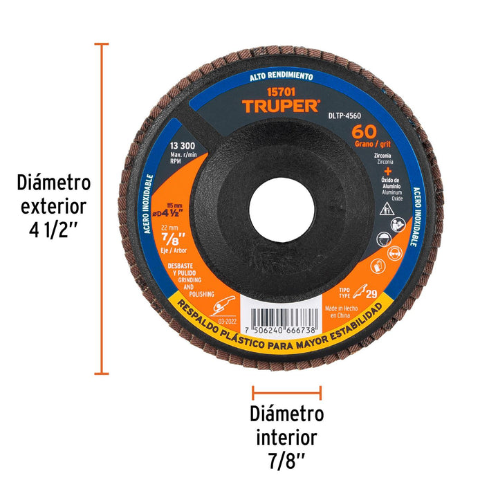 Disco Laminado 4-1/2 Barreno 7/8 Grano 60 Truper - Mundo Tool 