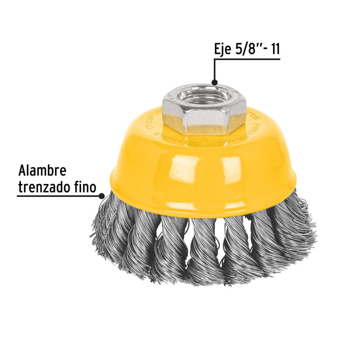 Carda copa 3' alambre trenzado fino, eje 5/8'-11, Pretul - Mundo Tool 