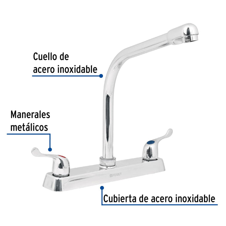 Mezcladora 8" p/fregadero, cuello cobra, manerales palanca - Mundo Tool 