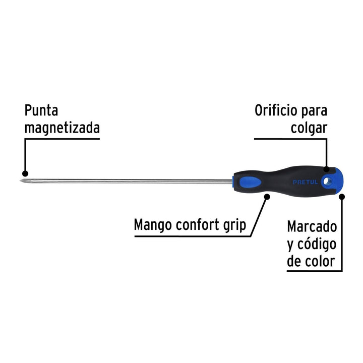 Desarmador de cruz 3/16" x 8" mango Comfort Grip, Pretul - Mundo Tool 