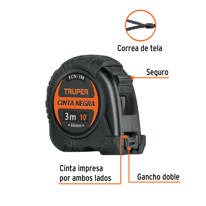 Flexómetro contra impactos 3 m, Cinta Negra 13 mm, Truper - Mundo Tool 