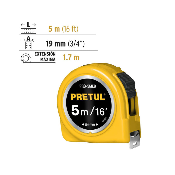 Flexómetro Amarillo 5mcinta 3/4' Tarjeta Plás Pretul - Mundo Tool 