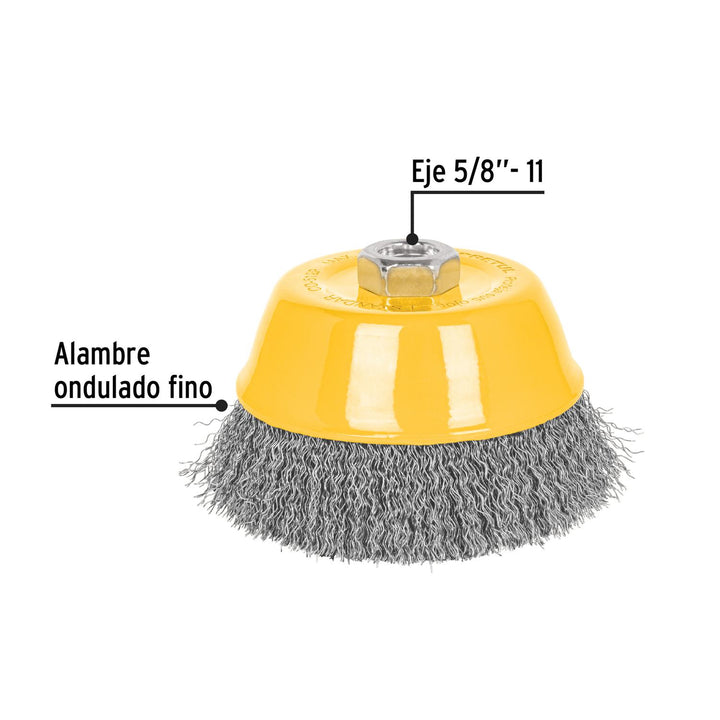 Carda copa 5' alambre ondulado fino, eje 5/8'-11, Pretul - Mundo Tool 