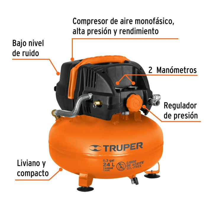 Compresor libre de aceite compacto 24L, 2-2/3HP 127V Truper - Mundo Tool 