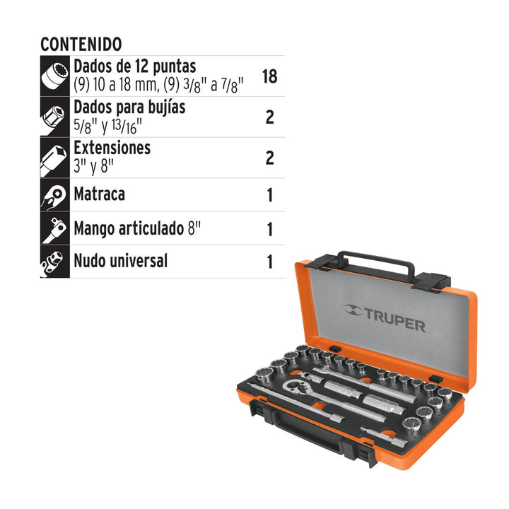 Juego de 25 herramientas cuadro 3/8" std y mm para mecánico - Mundo Tool 