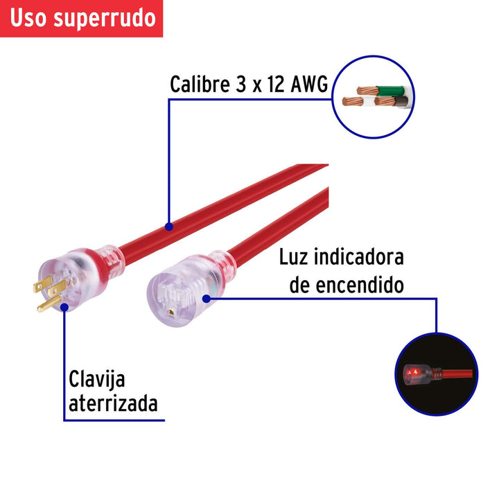 Extensión reforzada aterrizada 4 m calibre 12, Volteck - Mundo Tool 