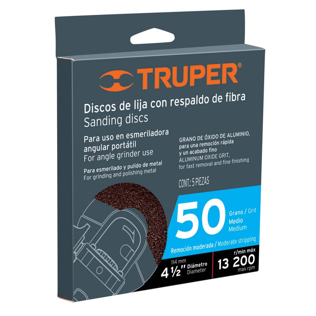 Disco de lija 4-1/2' con respaldo de fibra, grano 50 Truper - Mundo Tool 