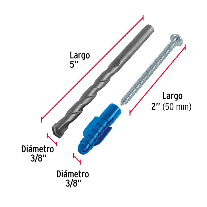 Kit de 20 taquetes 3/8' con pijas #12 y 1 broca 3/8', Fiero - Mundo Tool 