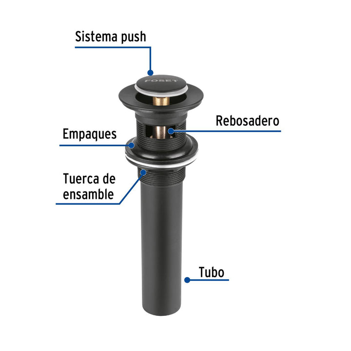 Contra p/lavabo, 1-1/4', con rebosadero, push, latón, negro - Mundo Tool 