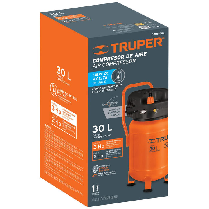 Compresor libre de aceite compacto 30L, 3HP 127V Truper - Mundo Tool 