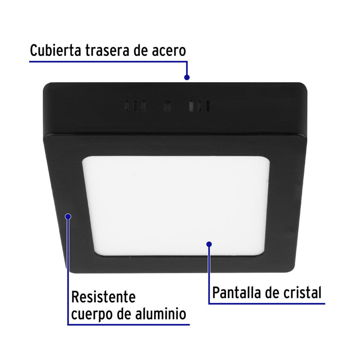 Luminario de LED 6 W cuadrado tipo plafón luz de día, negro - Mundo Tool 