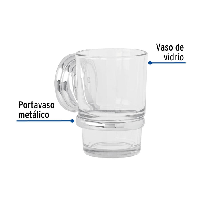 Portavaso cepillero cromo con vaso de vidrio, Foset Aqua - Mundo Tool 