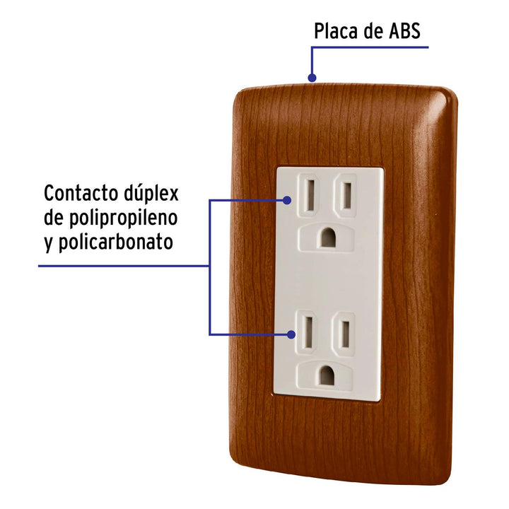 Contacto dúplex aterrizado, color madera, línea Italiana Volteck - Mundo Tool 