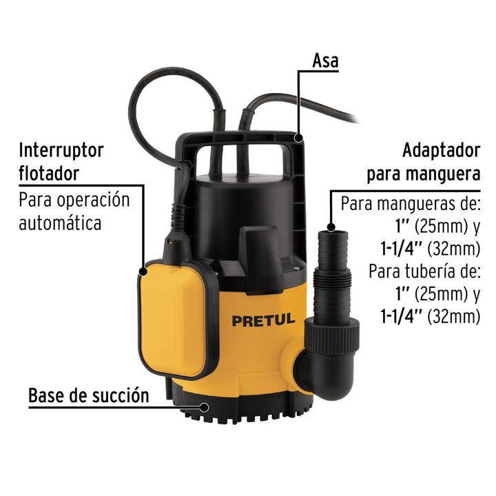 Bomba sumergible plástica, 3/4 HP para agua limpia, Pretul - Mundo Tool 