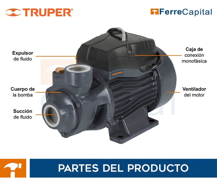 Bomba Eléctrica Periférica Para Agua 1/2 Hp Truper 12111 Color Negro Frecuencia 60 Hz - Mundo Tool 