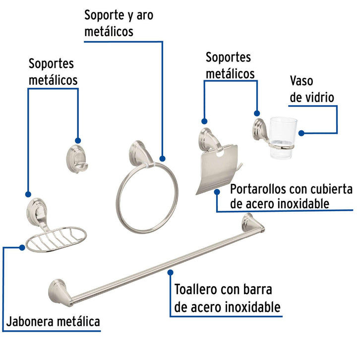 Juego de 6 accesorios p/baño satín chapetón ovalado, Aqua - Mundo Tool 