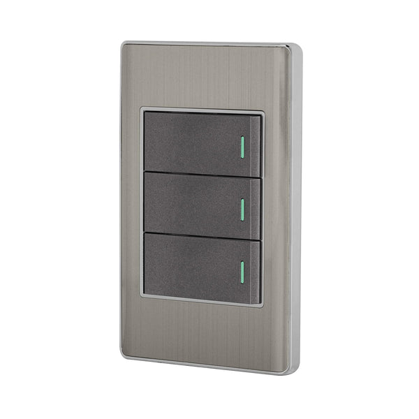 Volteck PA-APTR-LA, Placa armada 3 interruptores sencillos color acero línea Lisboa - Mundo Tool 
