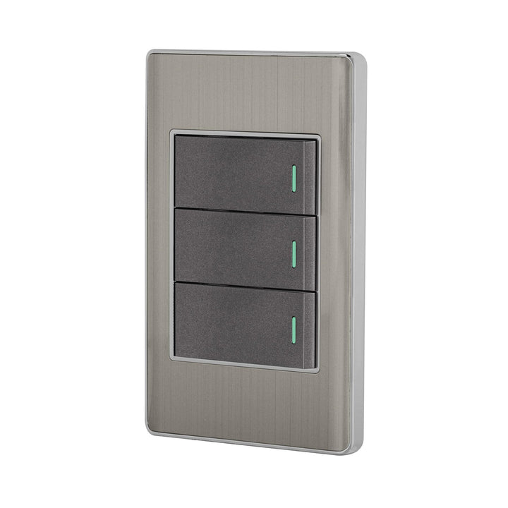 Volteck PA-APTR-LA, Placa armada 3 interruptores sencillos color acero línea Lisboa - Mundo Tool 