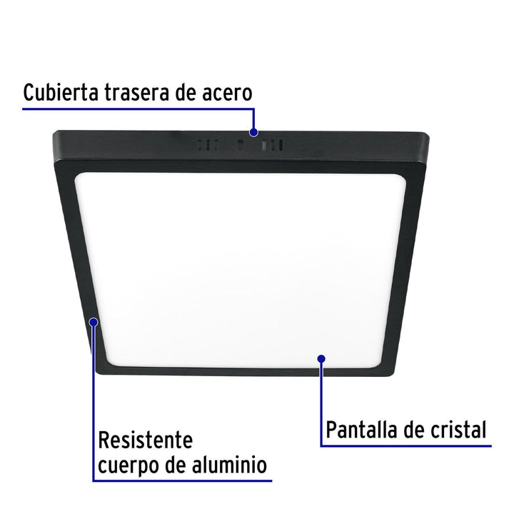 Luminario de LED 24 W cuadrado tipo plafón luz de día, negro - Mundo Tool 