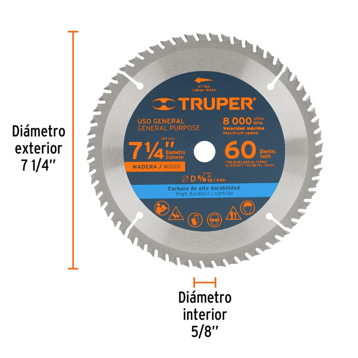 Disco Sierra Para Madera 7-1/4 60dientes Centro 5/8 - Mundo Tool 