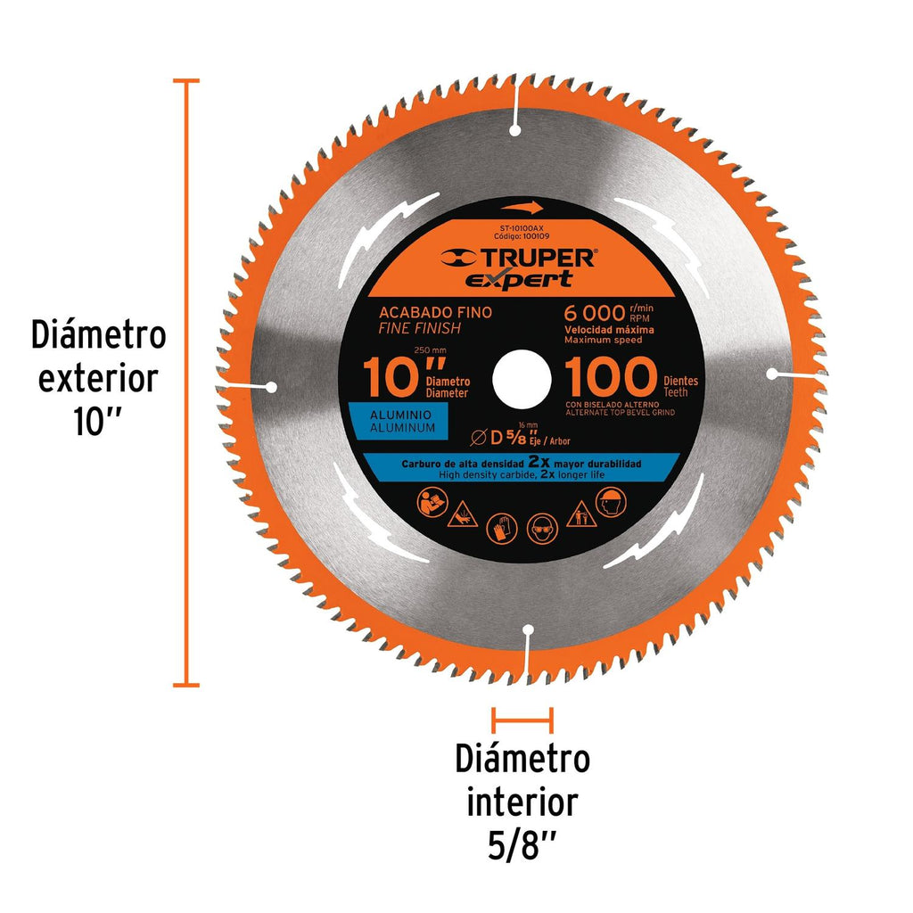 Disco sierra 10" p/aluminio, 100 dientes centro 5/8", Expert - Mundo Tool 