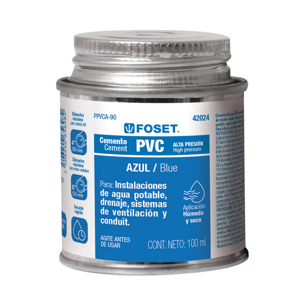 Foset PPVCA-90 Pegamento azul para PVC, hasta 12″, bote 90 ml, color, pack of/paquete de 1 - Mundo Tool 