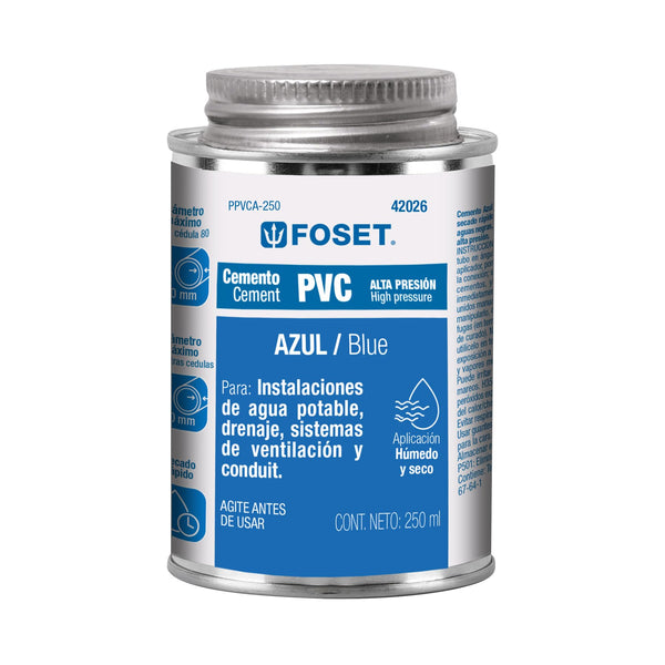 Foset PPVCA-250 Pegamento azul para PVC, hasta 12″, bote 250 ml, color, pack of/paquete de 1 - Mundo Tool 
