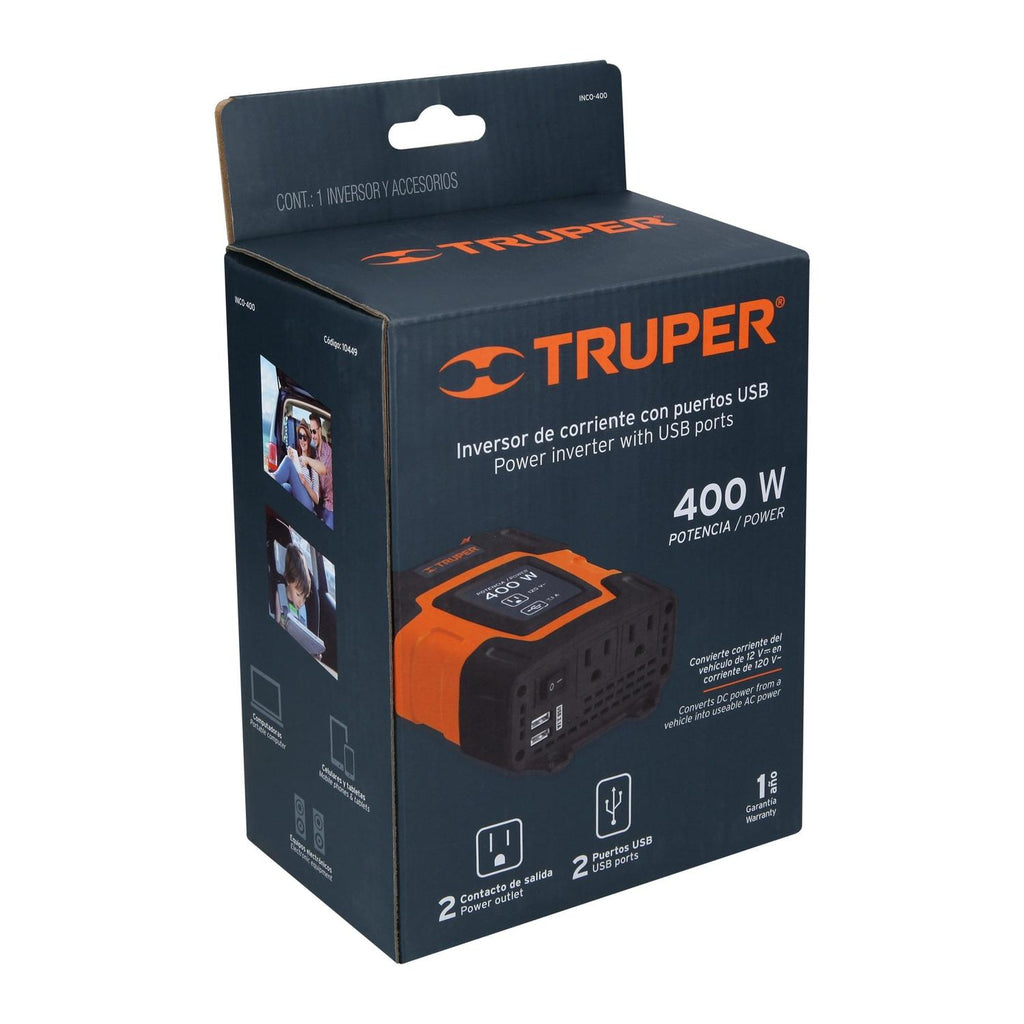 Inversor de corriente de 400 W con puertos USB, Truper - Mundo Tool 
