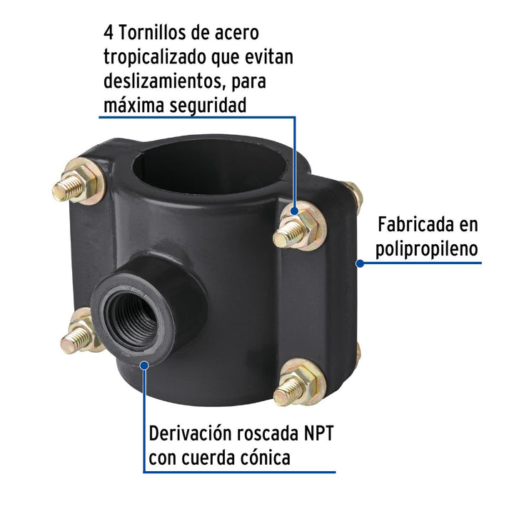 Abrazadera para toma domiciliaria PP 2' x 1/2', Foset - Mundo Tool 