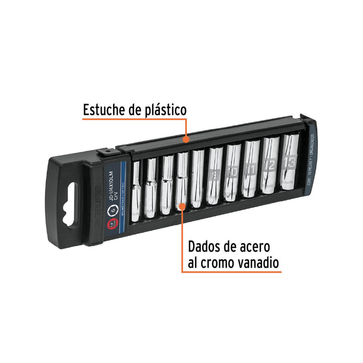 Juego de 10 dados largos cuadro 1/4" mm, Truper - Mundo Tool 