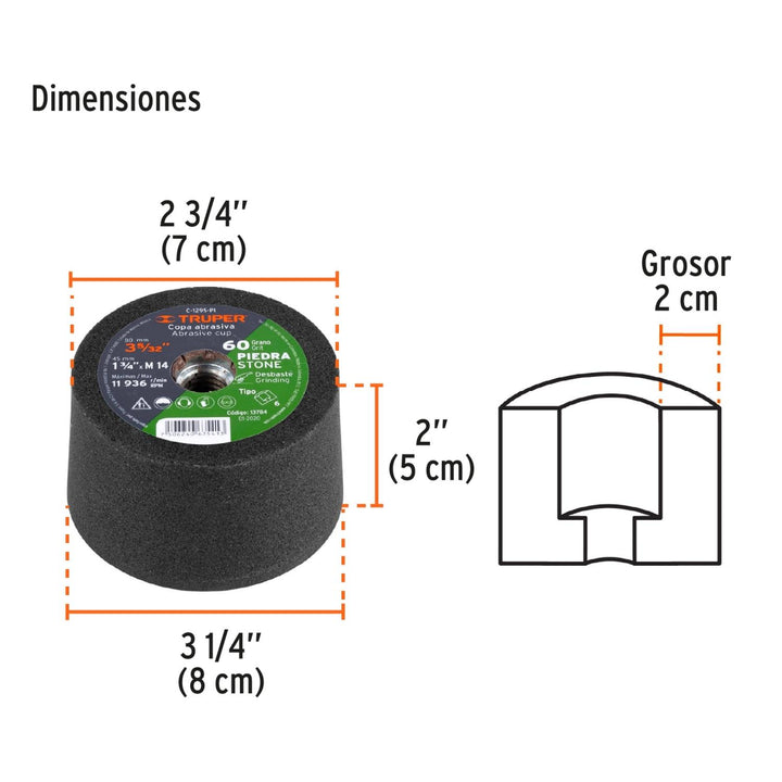 Copa Desbaste 3-5/32' 14mmgrano 60 Para Piedr Truper - Mundo Tool 