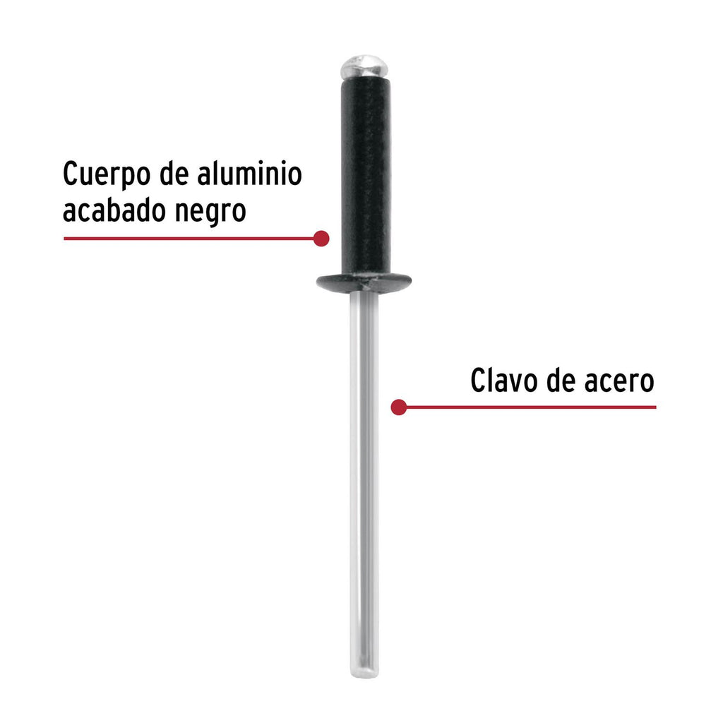 Bolsa c/50 remaches 1/8"x3/8" negros de aluminio, ala 1/4" - Mundo Tool 