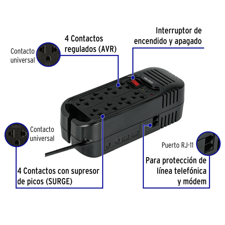 Regulador de voltaje de 1600 VA / 800 W 8 contactos, Volteck - Mundo Tool 