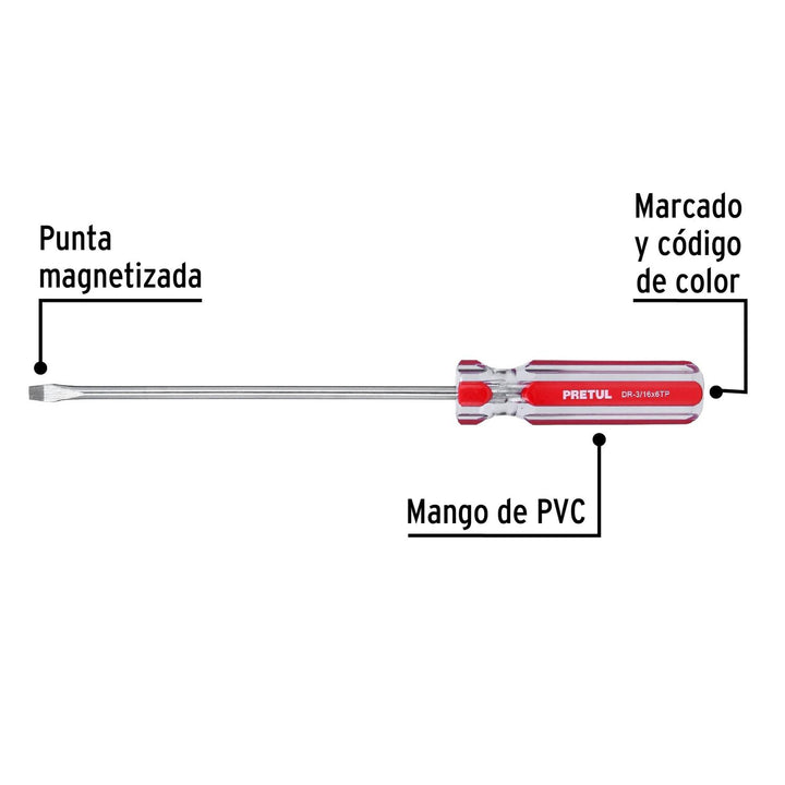 Desarmador plano 3/16 x 6" mango PVC Pretul - Mundo Tool 