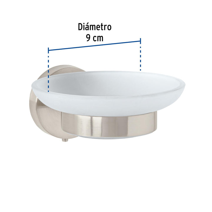 Jabonera metálica satín con plato de vidrio, Foset Túbig - Mundo Tool 