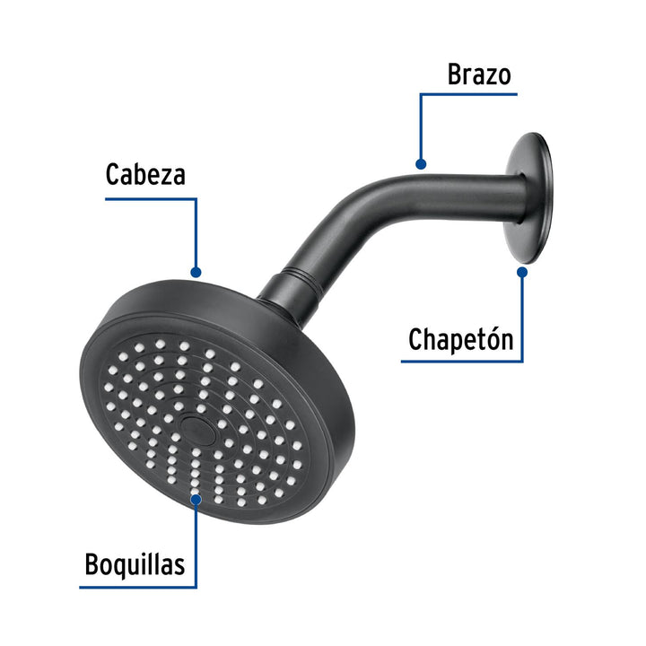 Regadera redonda 4-1/4' brazo y chapetón, negro, Basic - Mundo Tool 